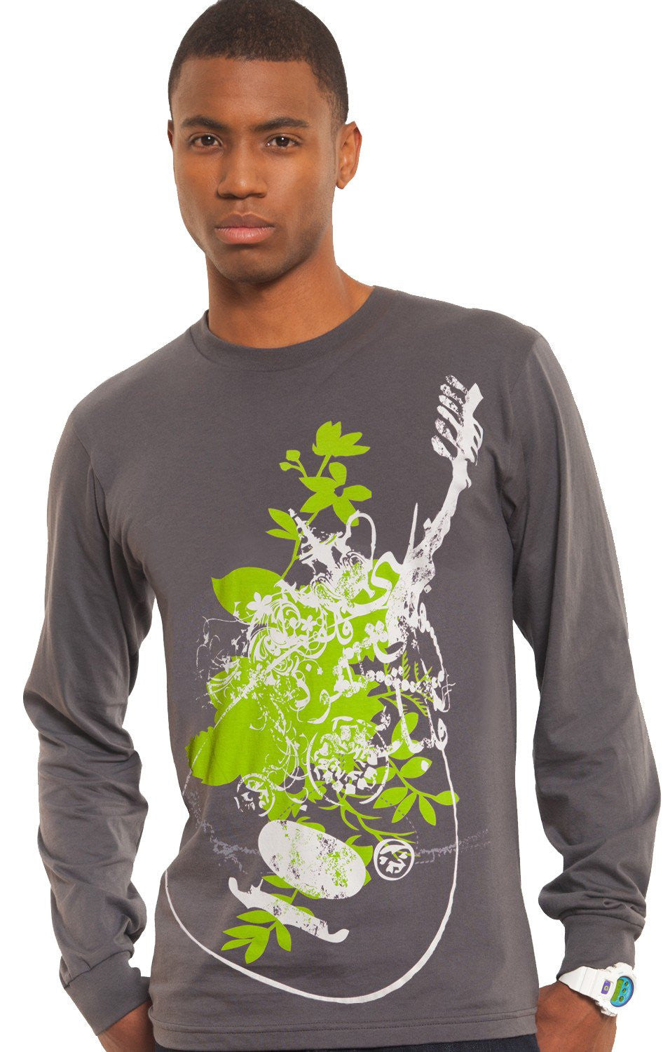 Man wearing "Music of the Heart" Men's Long Sleeve Designer Islamic Tee  in Gray. 