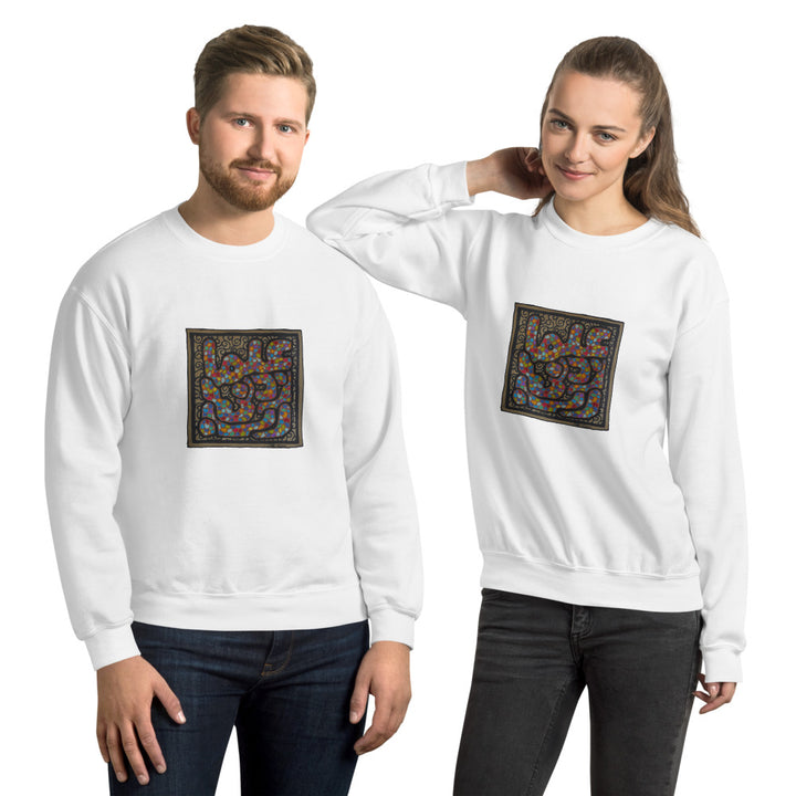 a man and woman wearing a white sweater with a square design.